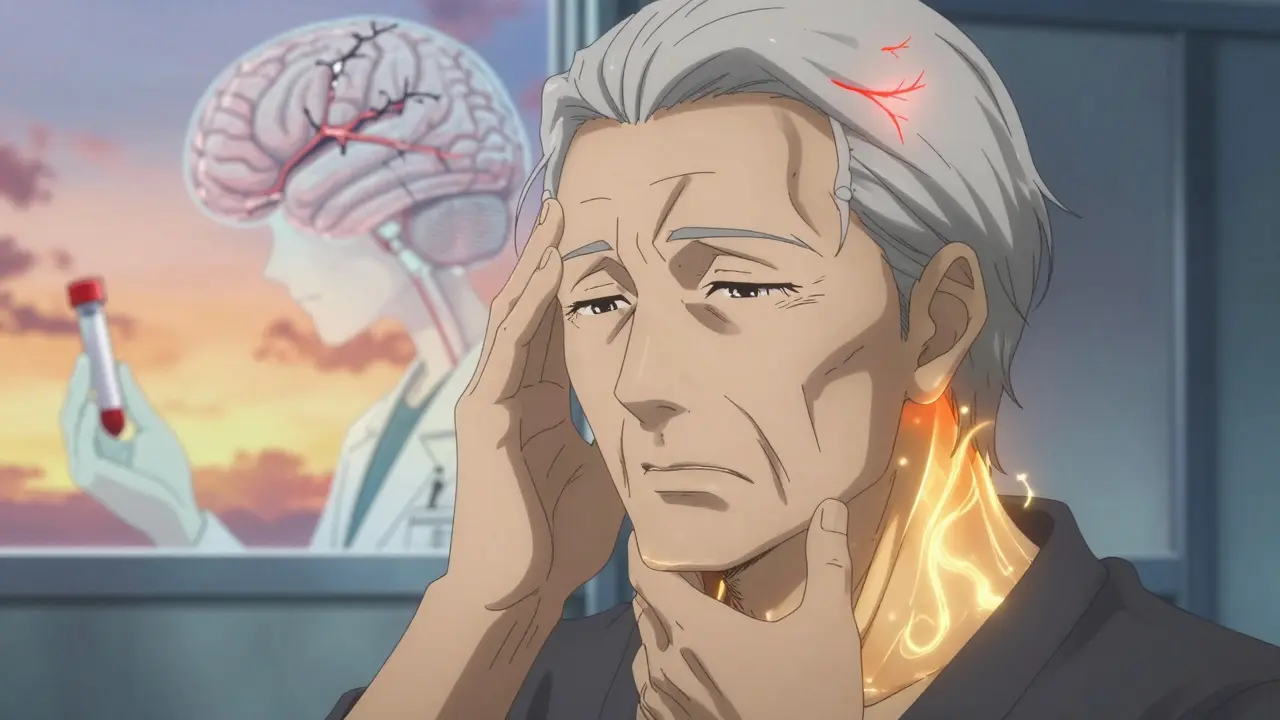 An elderly man with scalp inflammation and jaw pain, surrounded by subtle medical aura in bishounen anime style.