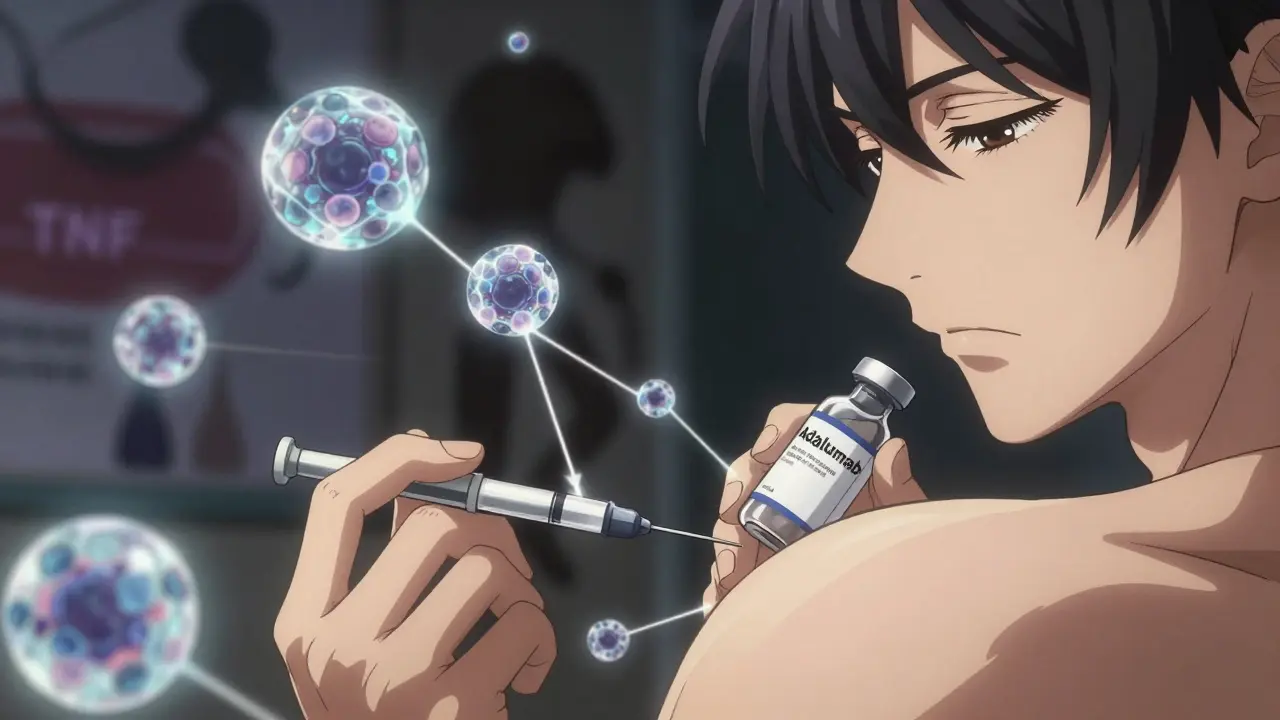 Close-up of hand injecting biologic medication with glowing immune cells being neutralized.