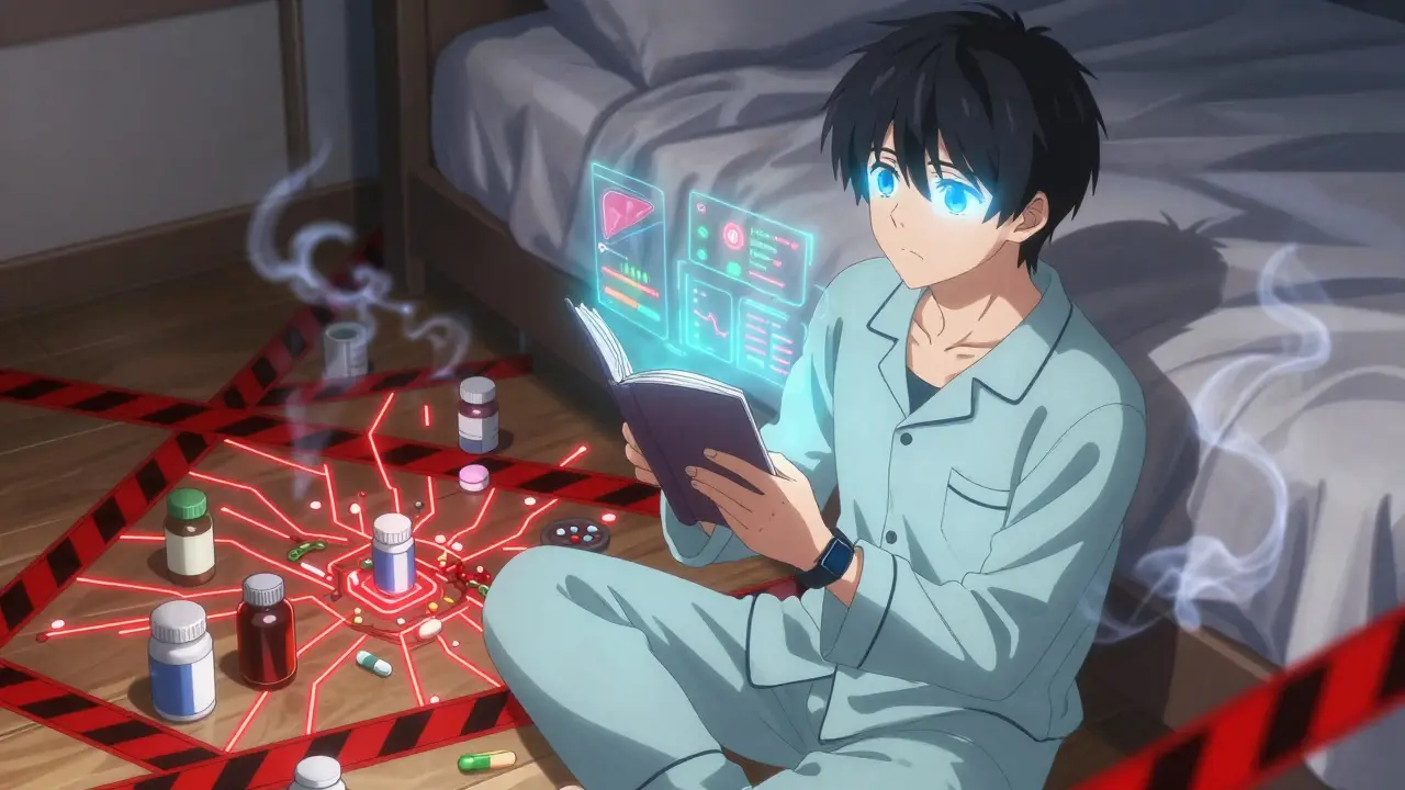 Cluttered floor of pill bottles connected by glowing warning lines, man holding journal.