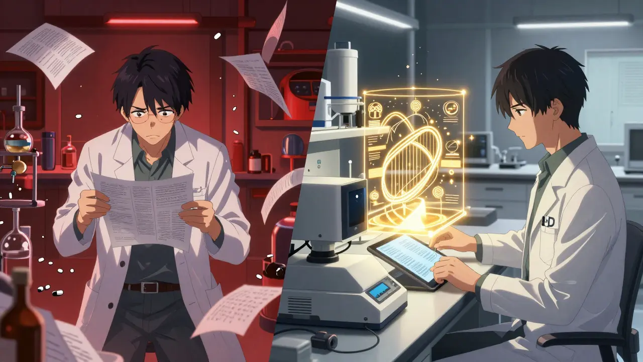Contrasting chaotic traditional drug development with serene, data-driven QbD lab environment in anime style.