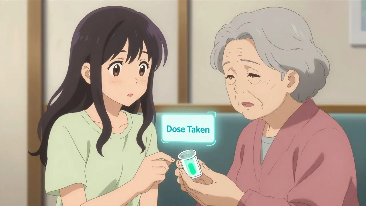 Daughter beside mother watching a locked pill dispenser glow green, quiet moment of safety.