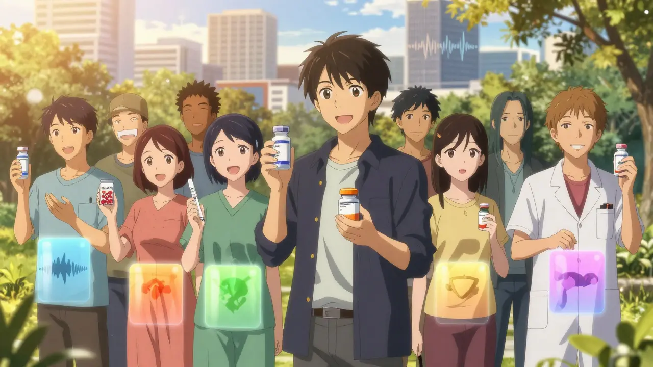 Diverse patients in park holding RA medications, surrounded by protective light barriers.