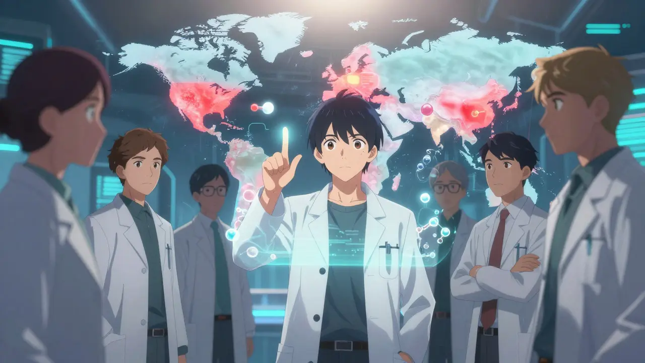 Diverse professionals examine a holographic biosimilar map with floating drug molecules, lit by digital glows.