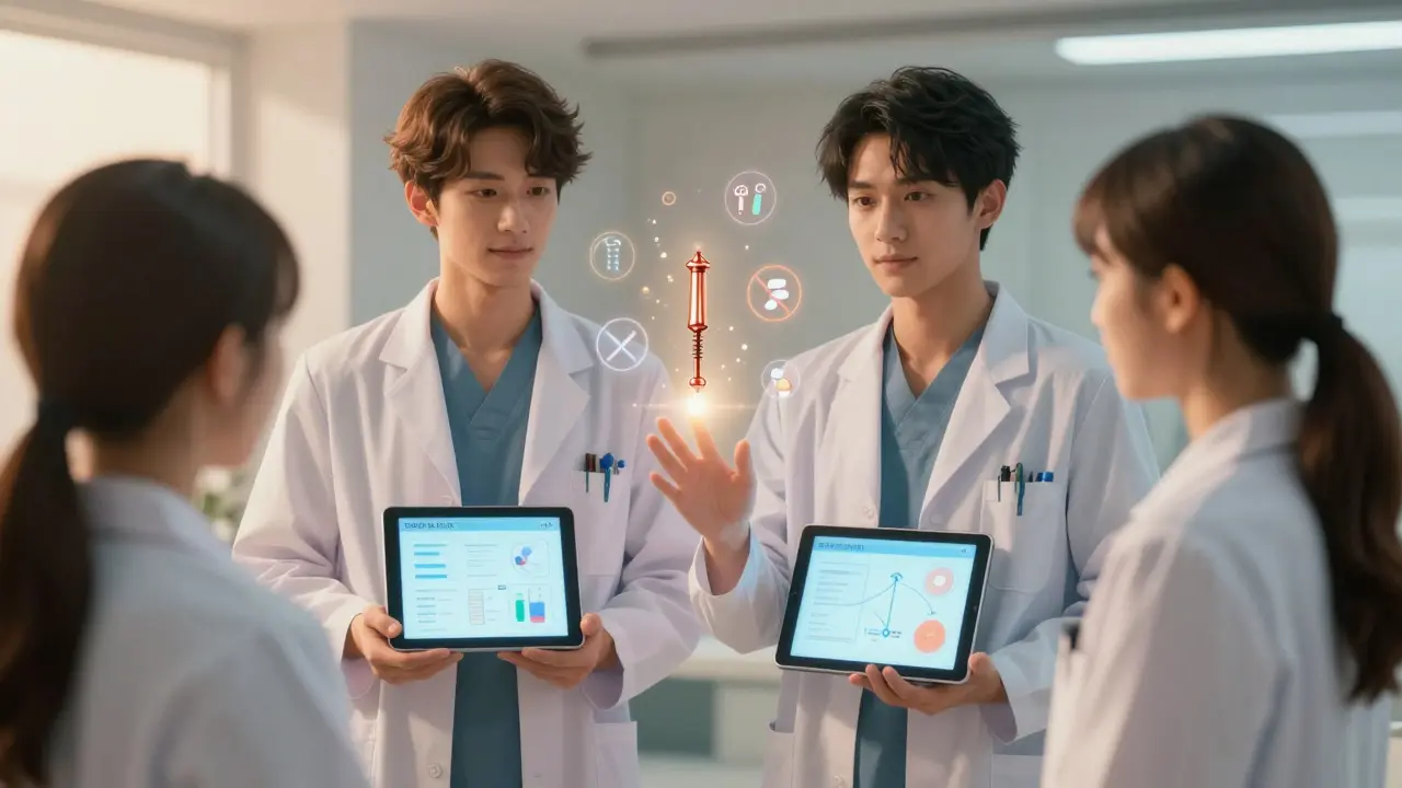 Doctor and gynecologist guiding a woman toward a floating copper IUD as safe options glow around them.