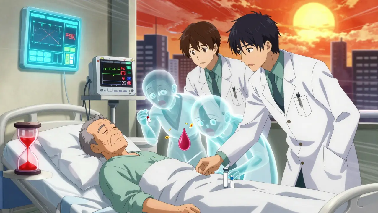 Elderly patient in hospital with glowing medical alerts, symbolic battle between diuretic and sweat-blocking forces.