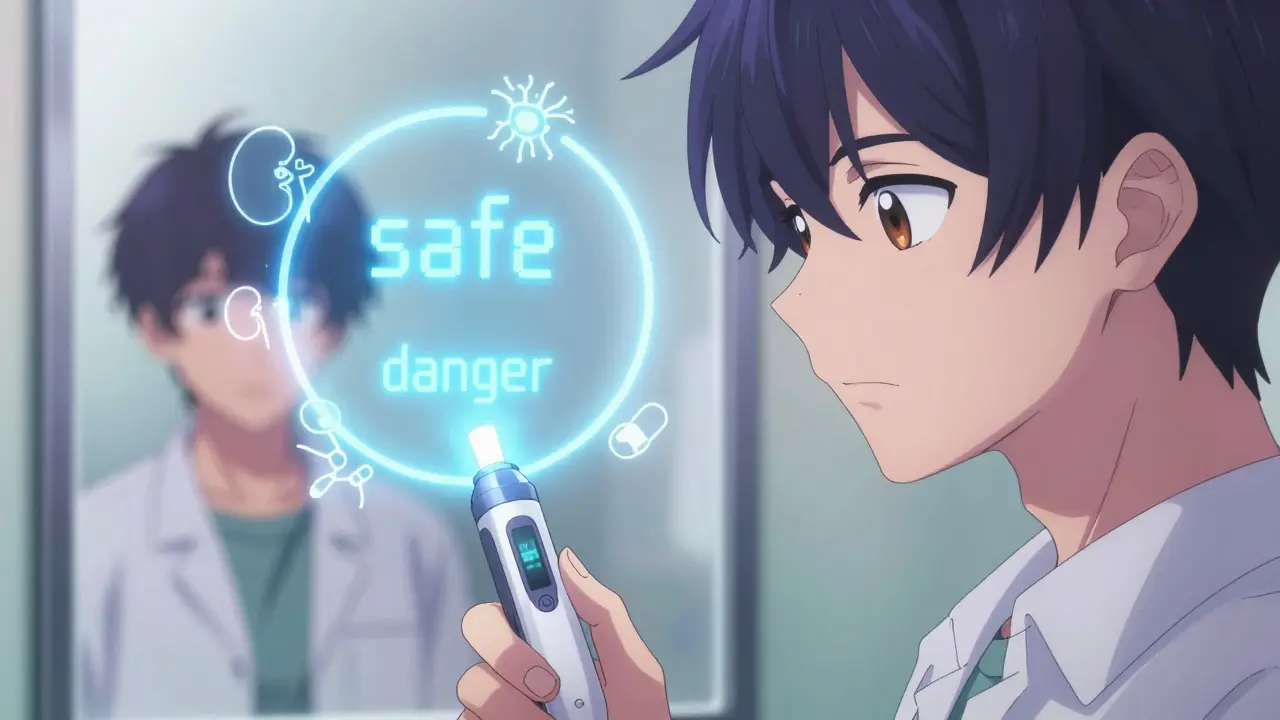 Finger-prick device displays lithium levels as glowing symbols, patient reflects calm stability.