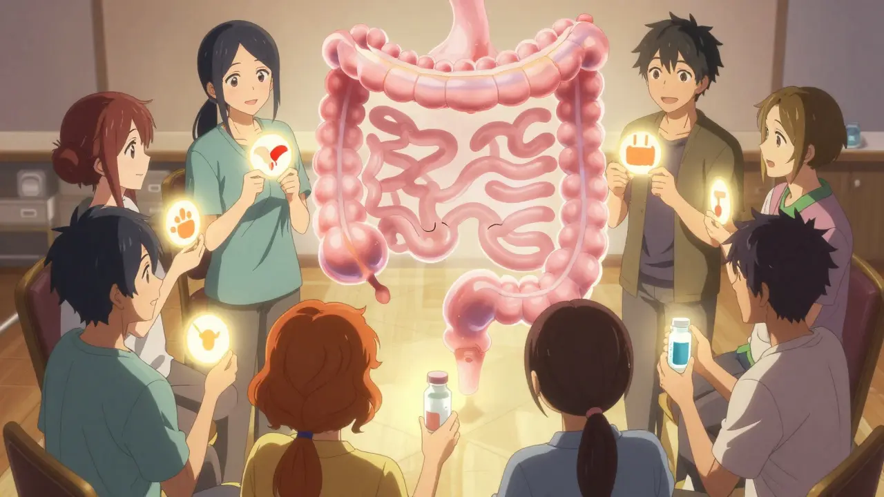 Group of young adults linked in a circle, glowing symbols representing UC journeys, colon healing behind them.