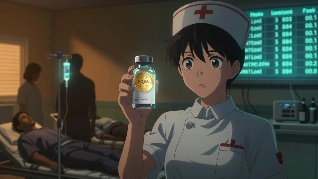 Nurse in an ER with a glowing FDA approval seal over a medication vial, patients in background.