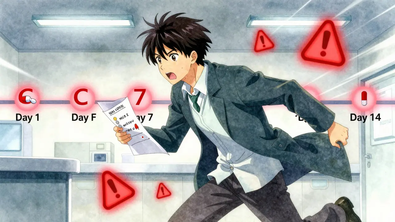 Person rushing to ER with symptom log, glowing timeline of C. diff progression behind them.