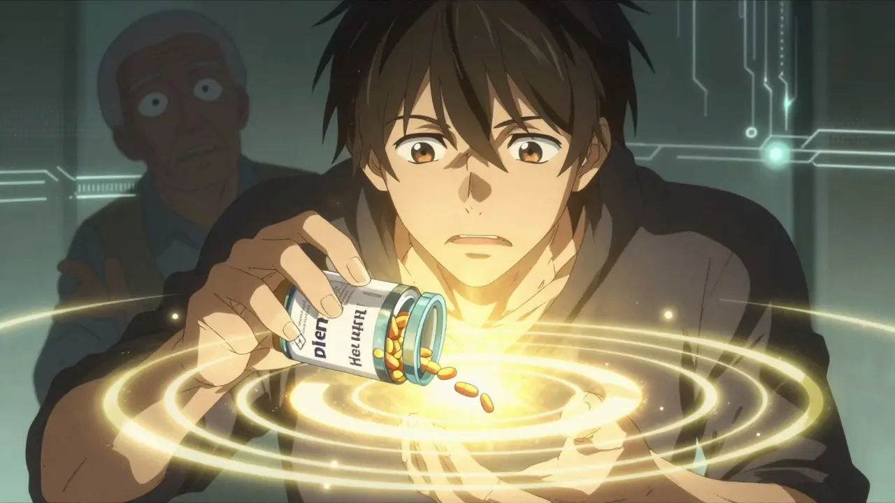 Pill dispenser opening with glowing pills floating upward, golden light radiating in serene anime style.