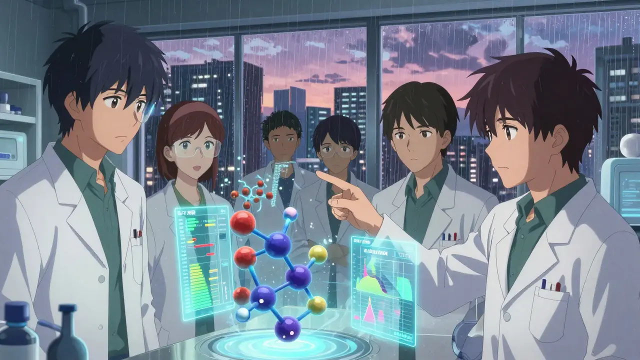 Scientists analyzing molecular stability data of critical drugs in a high-tech FDA lab.