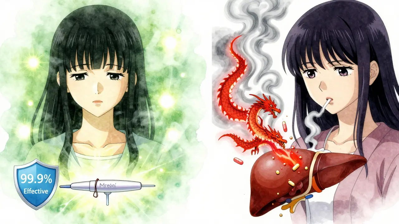 Split scene: one woman safe with an IUD, another with birth control pills being destroyed by enzyme dragons.