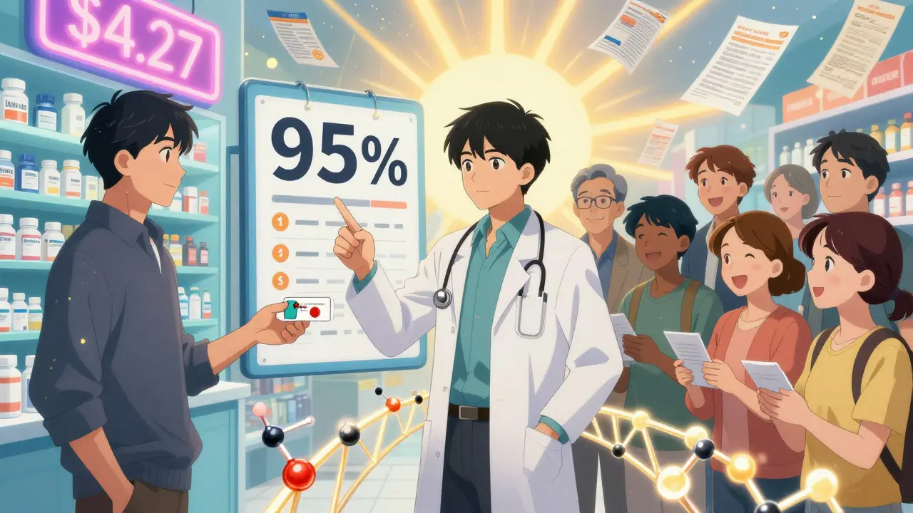 Split scene showing high-cost brand pills versus affordable generics, connected by a molecular bridge under a rising sun.