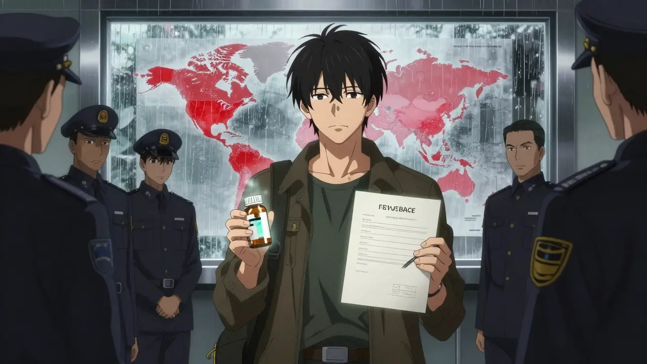 Traveler presenting a doctor’s letter to customs officials, original meds glowing as banned drugs are shown on a world map.