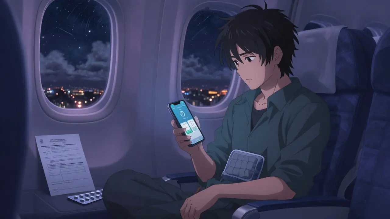 Traveler using a medication app on a plane, showing dual time zones with a doctor’s letter and cooling pack nearby.