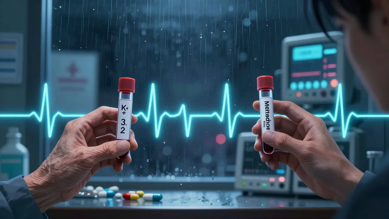 Two hands holding blood tests with low potassium and high methadone, connected by a glowing, elongated ECG line.