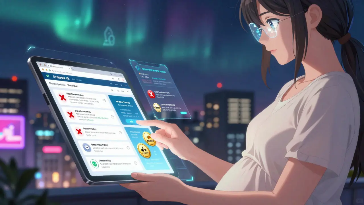 Woman using a holographic AI tool to verify pregnancy medication claims, with trusted sources highlighted in gold.