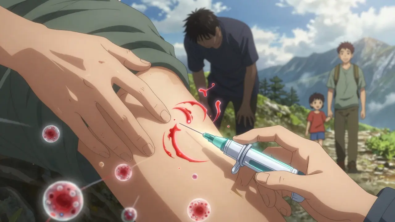 A hand injecting a biologic drug with molecular particles neutralizing inflammation, backdrop of improved mobility.