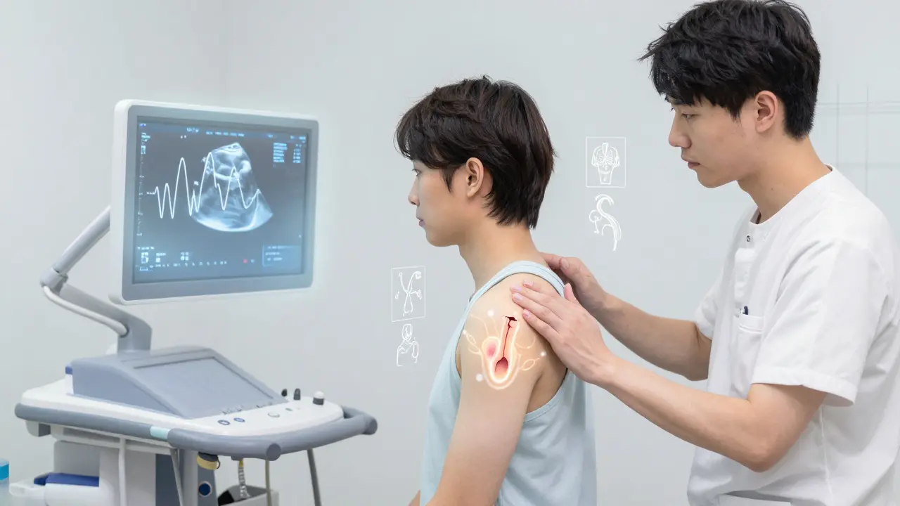 A physical therapist guiding shoulder movement while an ultrasound reveals a torn tendon in glowing waves.
