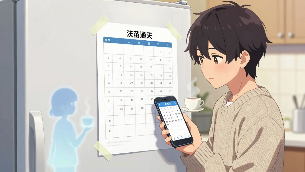 A printed medication schedule on the fridge with a caregiver holding a synced smartphone.