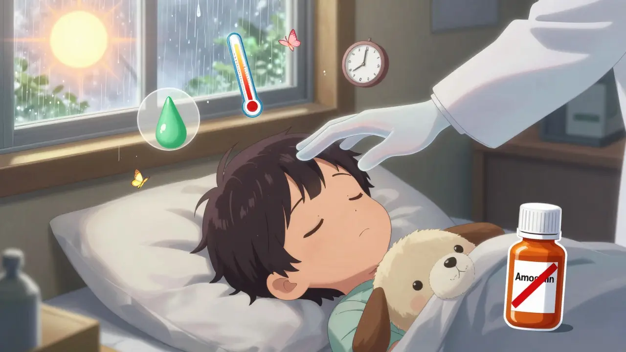 A sick child rests peacefully as icons of fever and medicine float away, replaced by sunrise and butterflies.