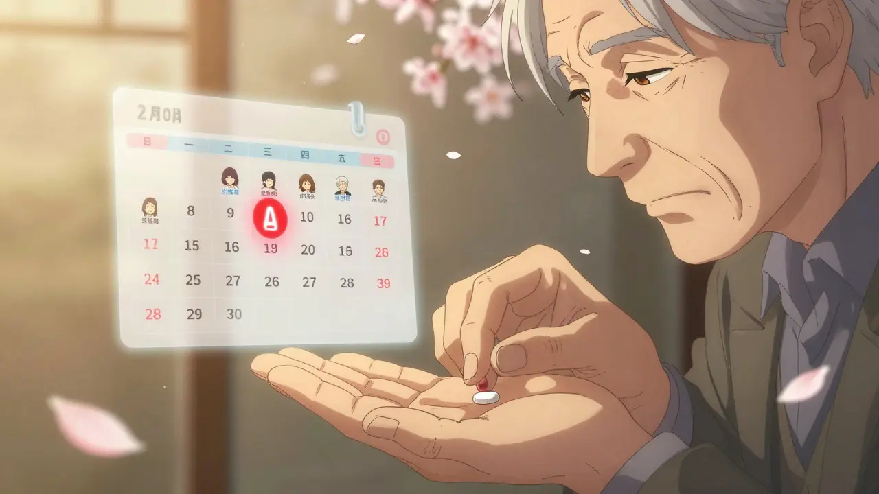 An elderly man takes his pill as a digital warning flashes over a dangerous drug interaction.