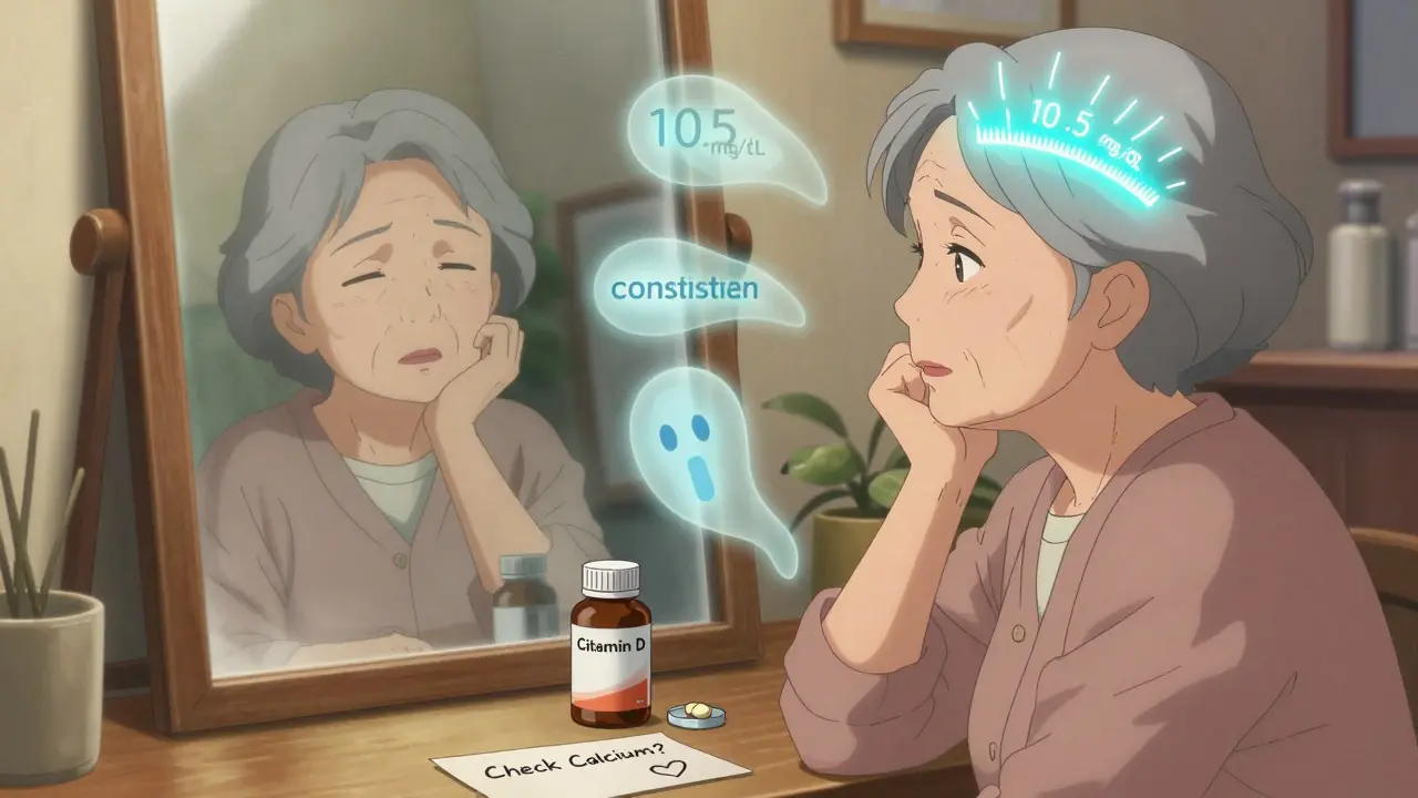 An elderly woman surrounded by symptoms of high calcium, with medication and a blood test on the table.