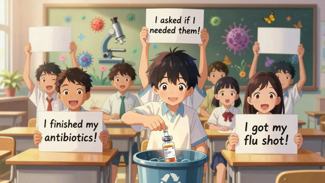Children hold signs about responsible antibiotic use, with a vial being recycled as flowers bloom behind them.
