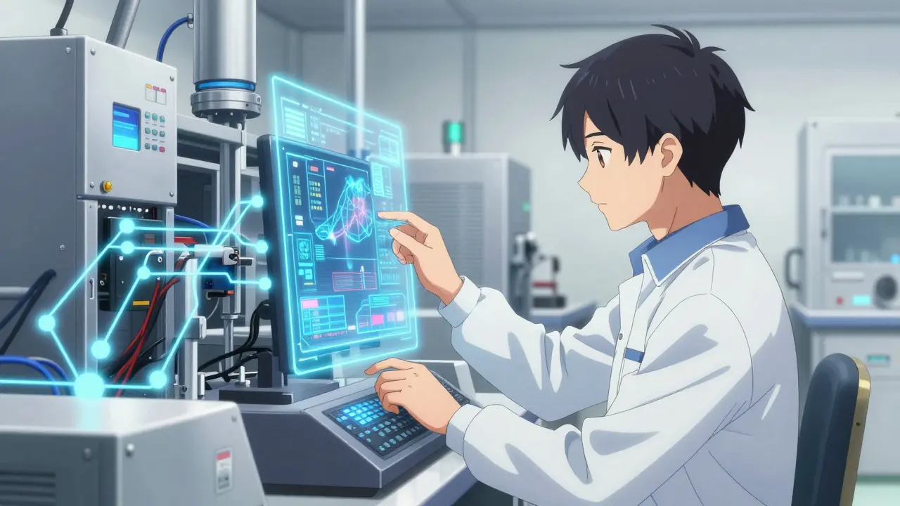 Engineer using Process Analytical Technology in a high-tech cleanroom environment.