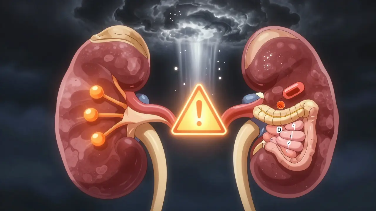 Inside a kidney showing how thiazide and vitamin D together trap calcium in the bloodstream.