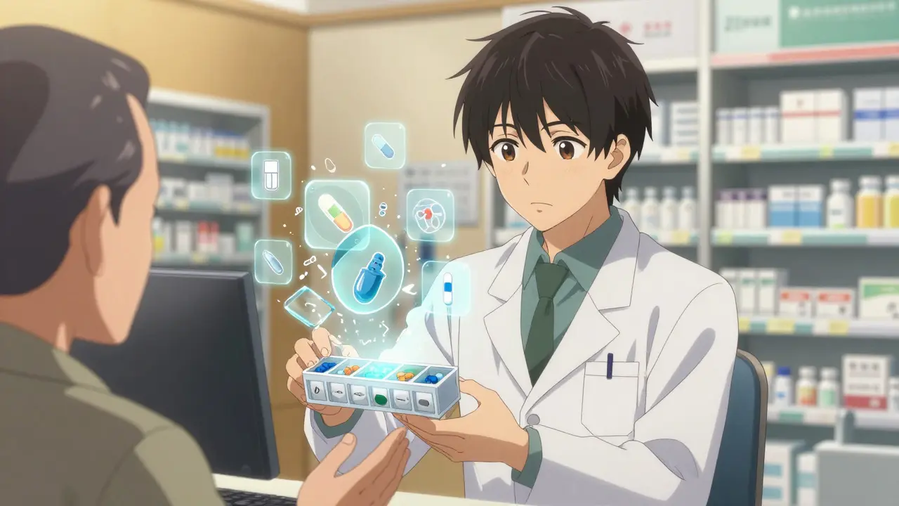 Pharmacist handing an organized medication organizer to an older patient as dangerous drug overlaps shatter around them.