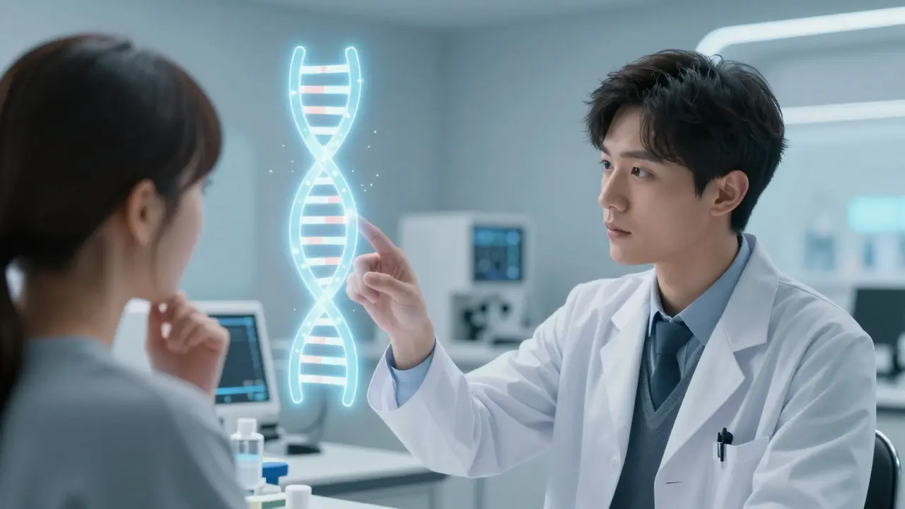 Pharmacogenomic testing session with glowing DNA helix, doctor explains results to patient in lab