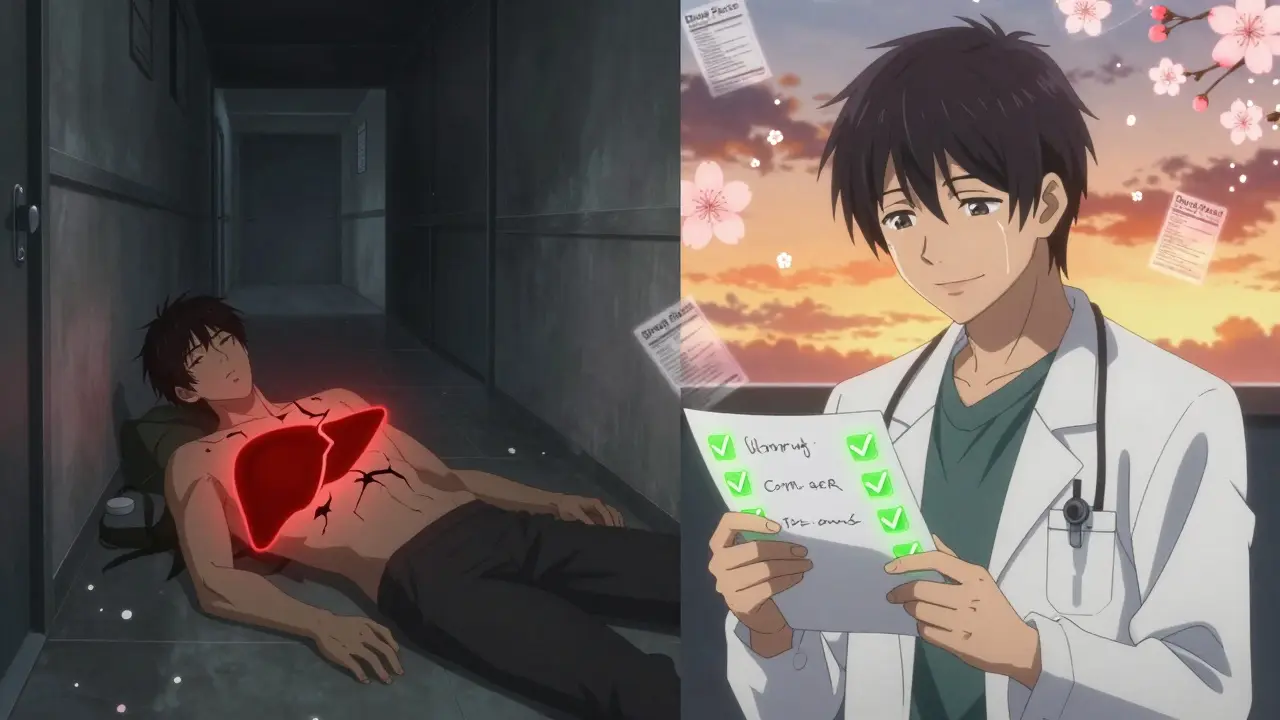 Split scene: man collapsing from liver damage vs. same man safe with medication list, glowing red and green symbols contrast.