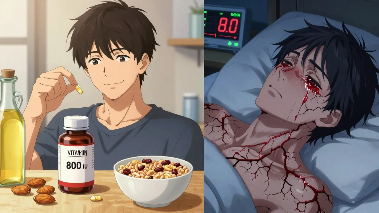 Split scene: man taking vitamin E supplement vs. same man bleeding silently in bed with INR monitor flashing 8.0.