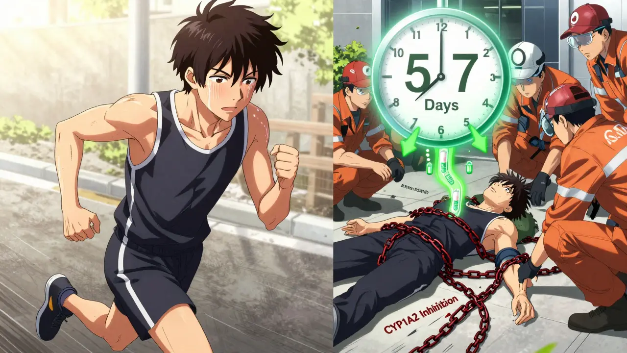 Split scene of a healthy man jogging versus the same man collapsed, with medical symbols and a 5-7 day countdown above him.