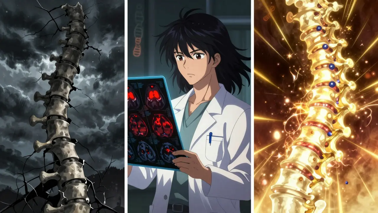 Three-panel visual showing spinal fusion, MRI diagnosis, and restoration of spine flexibility through treatment.