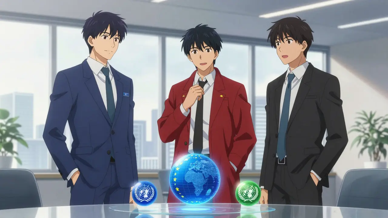 Three regulatory experts discussing GMP standards with floating data spheres in a conference room.