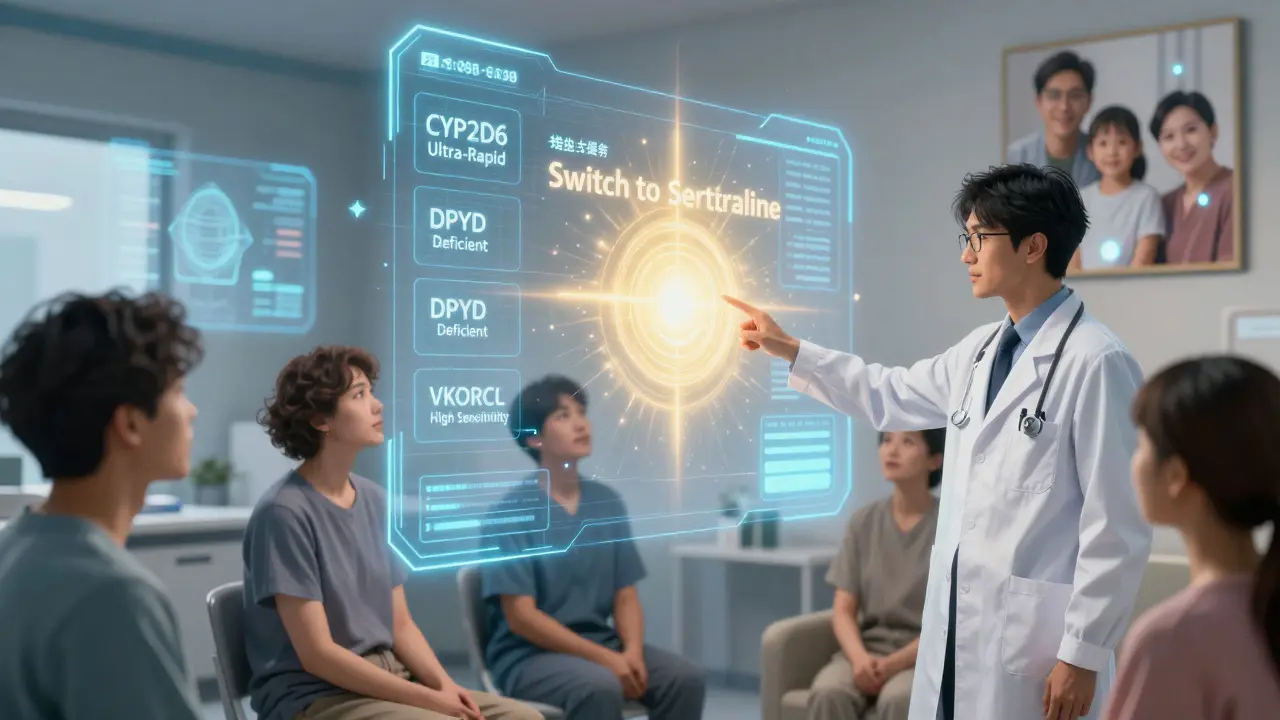 A digital health interface displays personalized genetic alerts for patients, guiding safer medication choices.