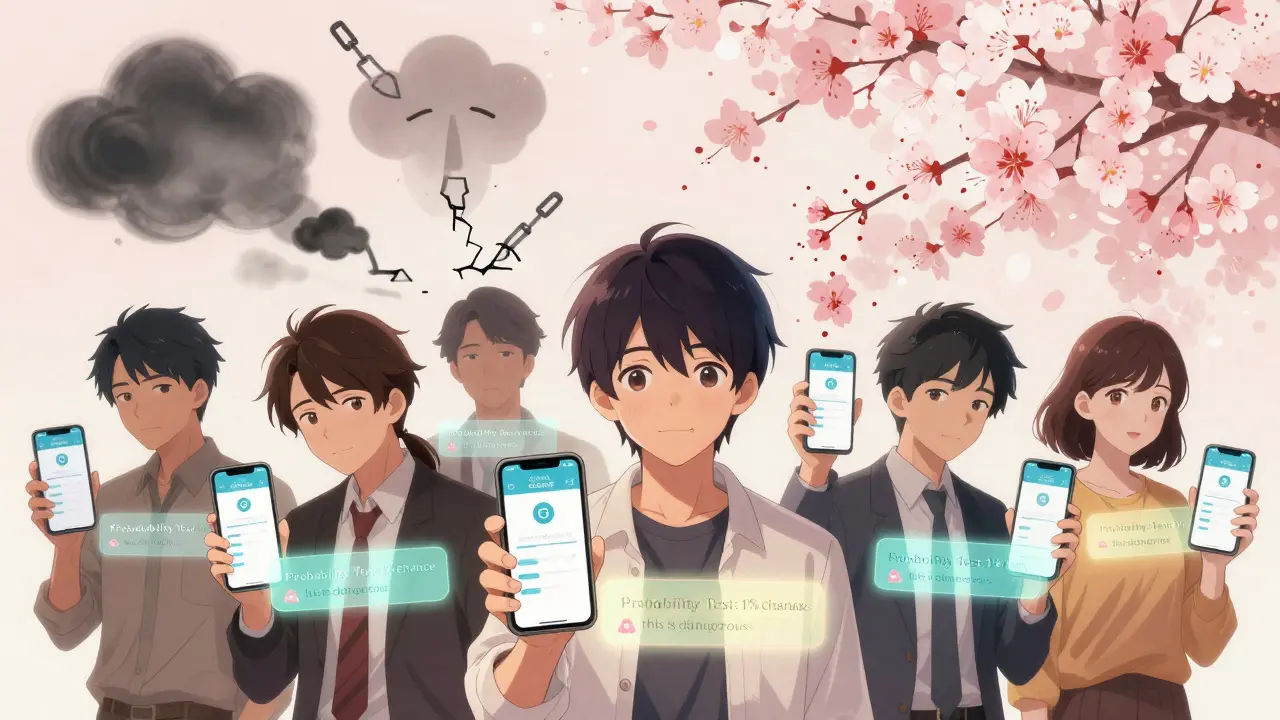 A group of young adults on a video call, each viewing a CBT app on their phone, with abstract fears dissolving into blossoms.