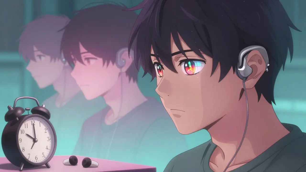 A man wearing a hearing aid, reflecting an audiogram, as ghostly versions of his past self fade away behind him.