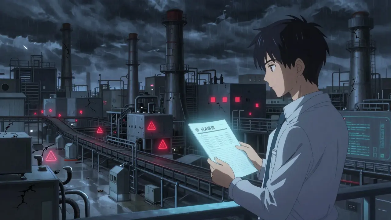 A massive Chinese factory at night with glowing warnings over faulty equipment, watched by an FDA inspector.