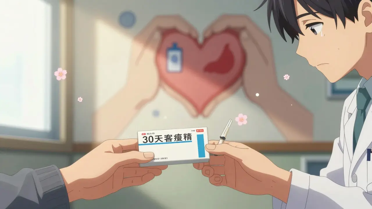 A person receives insulin from a clinic worker, tears in their eyes, sunlight glowing on the medication box as symbols of chronic illness float like blossoms.