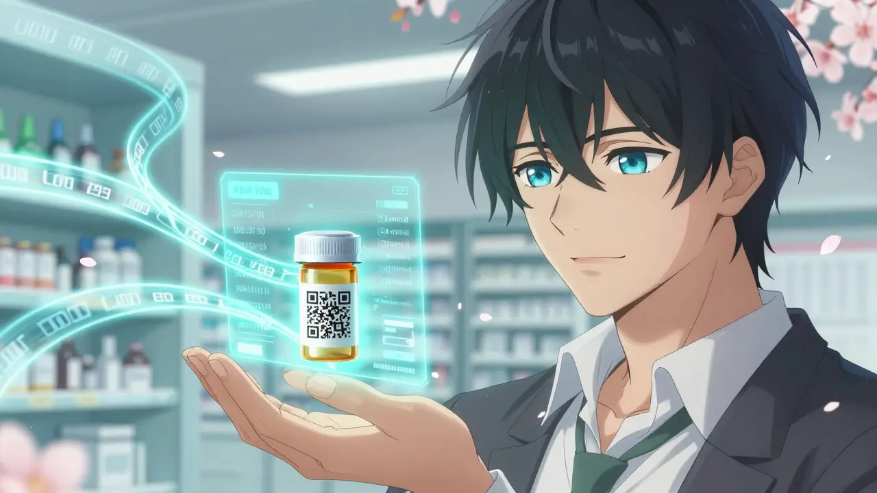A person scans a QR code on a pill bottle, revealing a holographic FDA recall alert with blockchain data flowing in the background.