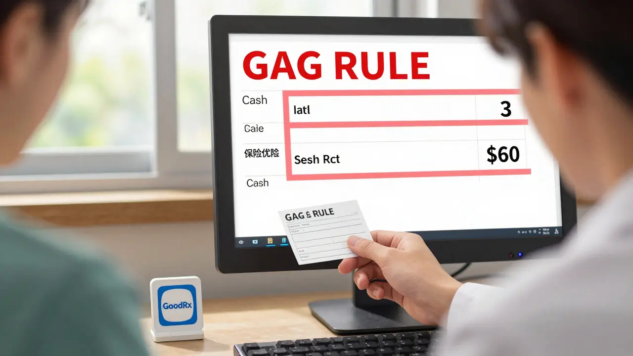 A pharmacist hesitates beside a computer screen showing  cash vs  insurance price, a red gag clause wrapped around it.