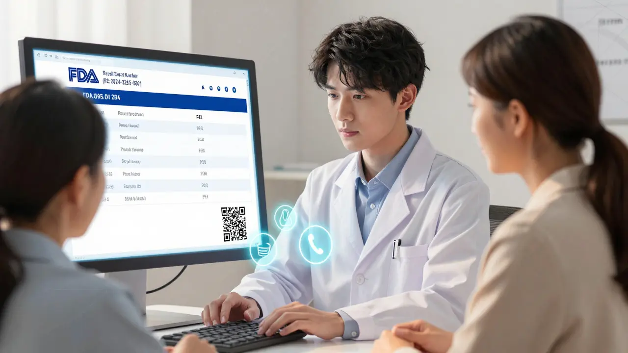 A pharmacist shows a woman the official FDA recall page on a monitor, with glowing verification details floating nearby.