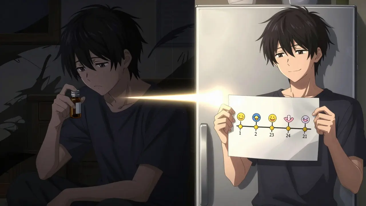 A split image showing one person overwhelmed by fear and another calm, with a printed medication timeline on their fridge.