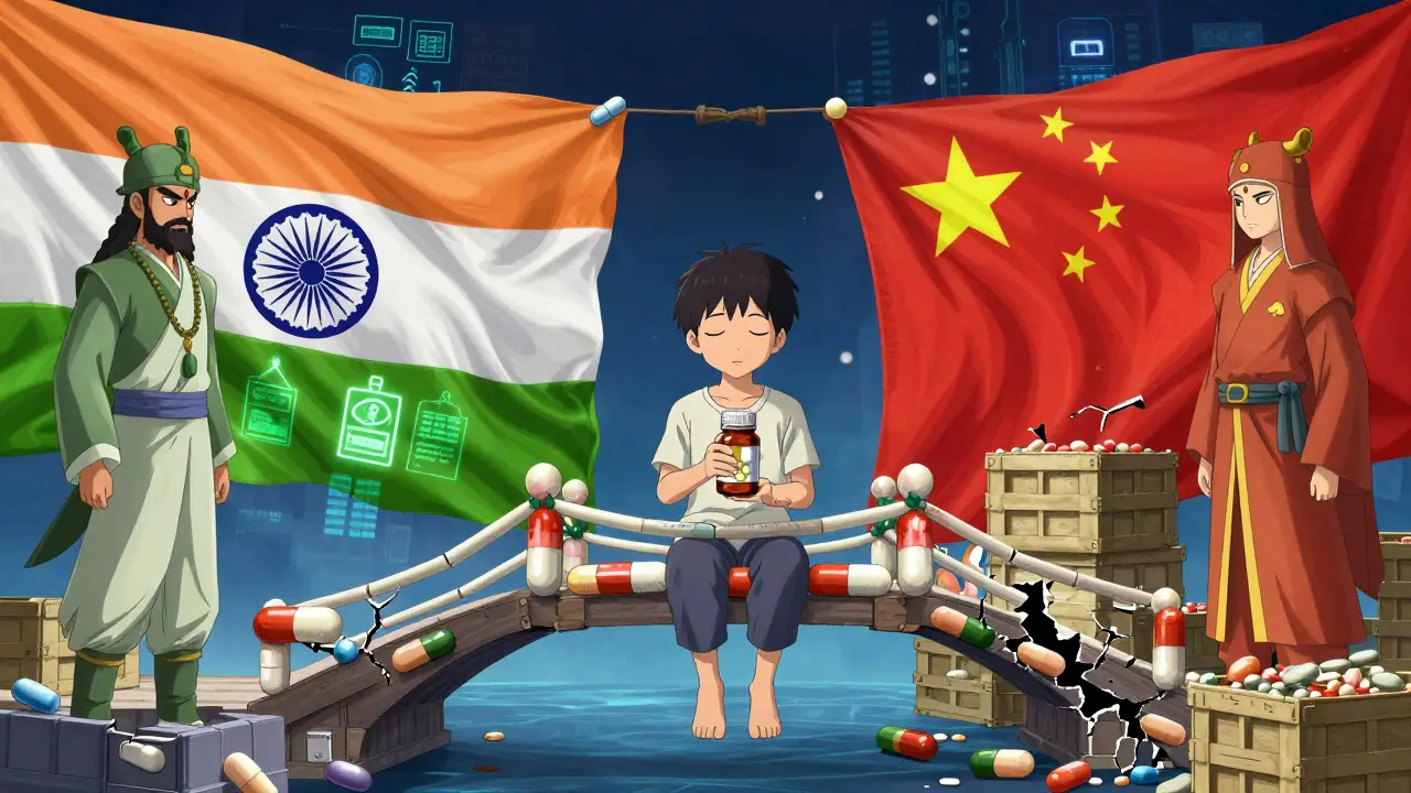 A symbolic pill bridge connects India and China, with a patient at the center as guardian figures observe.