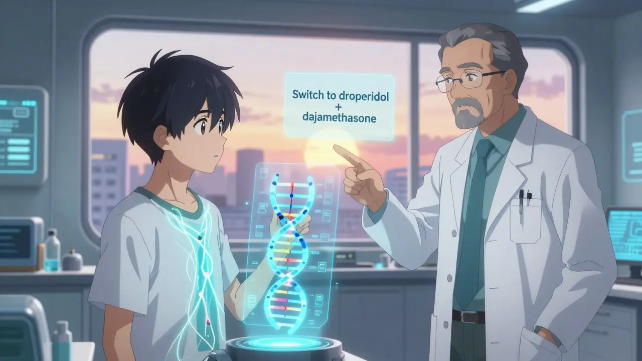 A teen analyzing their DNA hologram as a doctor recommends a safer antiemetic combo.