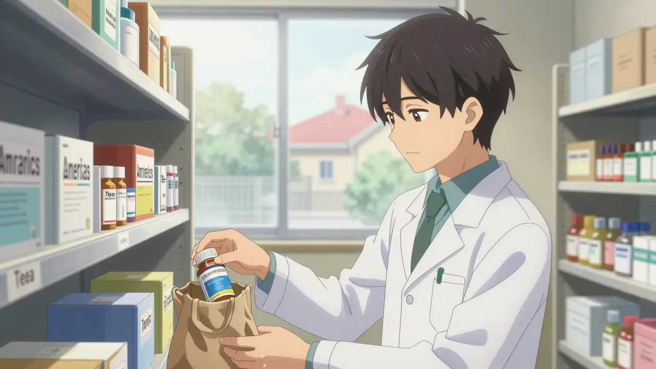 A volunteer pharmacist sorts donated medications in a sunlit clinic room, shelves filled with pill boxes labeled 'Am ericas' and 'Teva'.