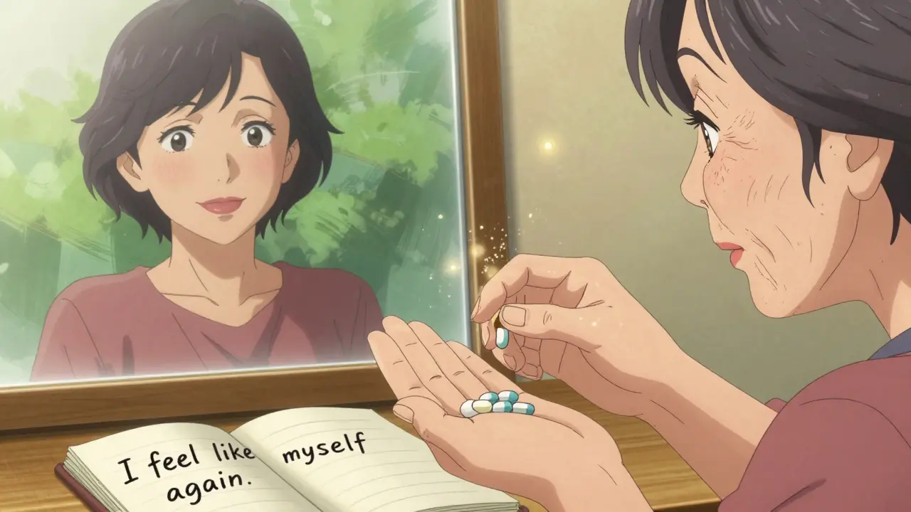 An elderly woman releasing multiple pills into a bin while holding one, reflecting a healthier version of herself in a mirror.